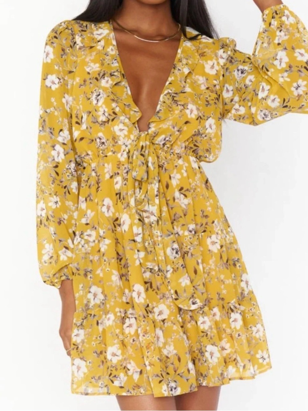 Show Me Your MuMu Mustard Yellow Floral Tie-Neck Top